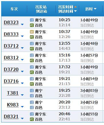 百色到南寧動車時刻表