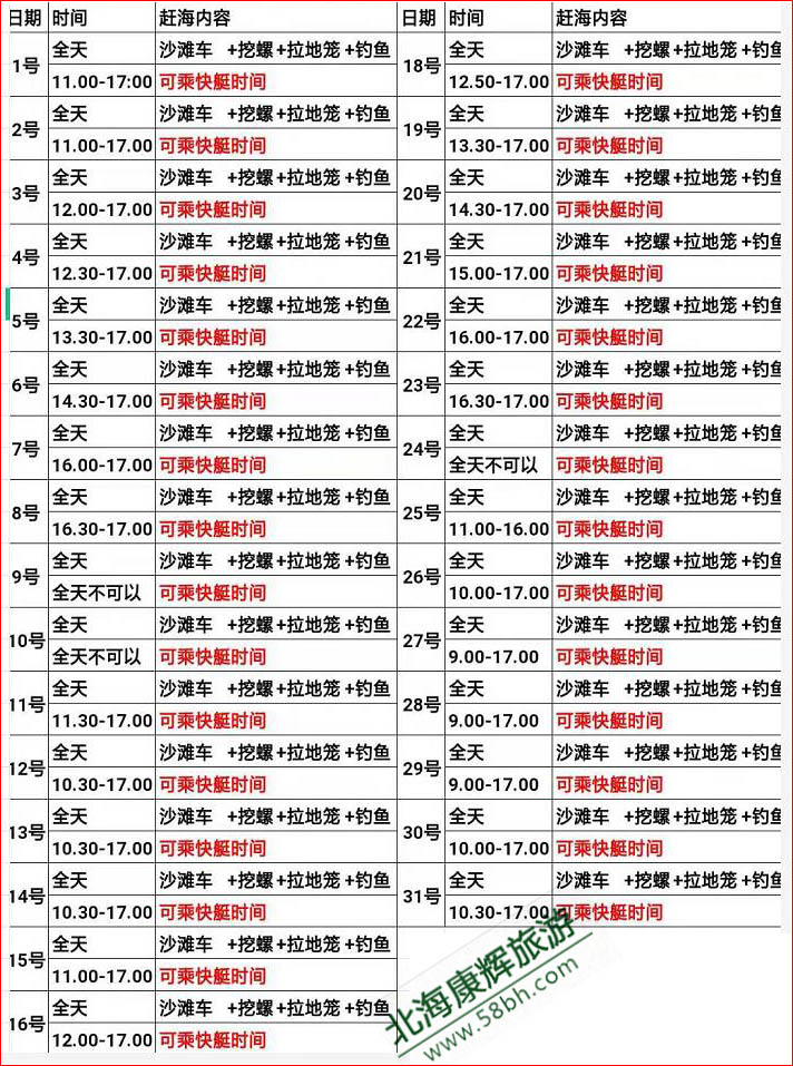 7月北海紅樹林趕海潮汐時(shí)刻表